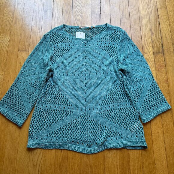 Boho Soft Surroundings Size L NEW Blue Crochet Knit Beachwalk 3/4 Sleeve Sweater - Picture 3 of 16